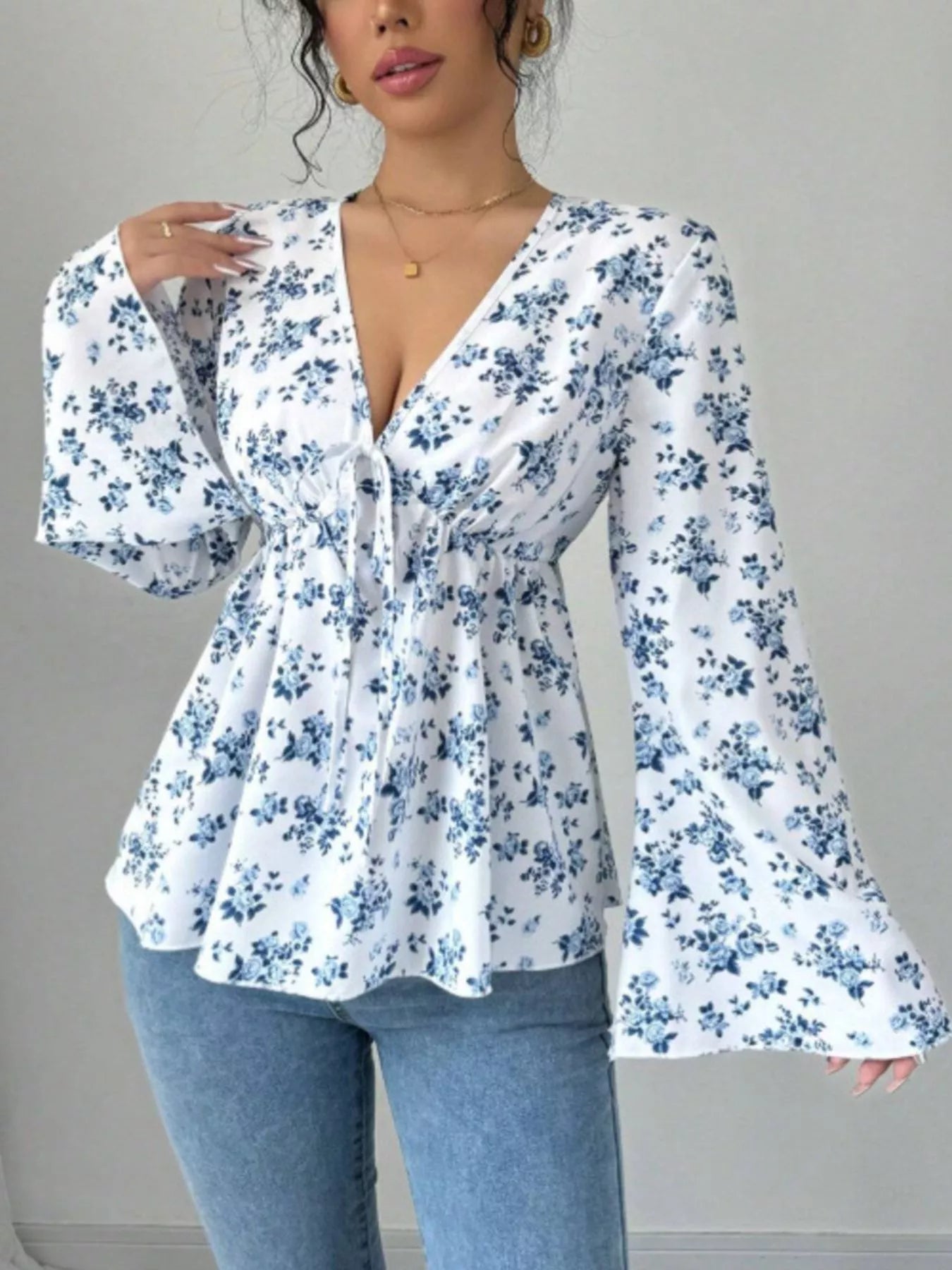 Floral Print V-Neck Long Sleeve Blouse - Be Bliss Boutique