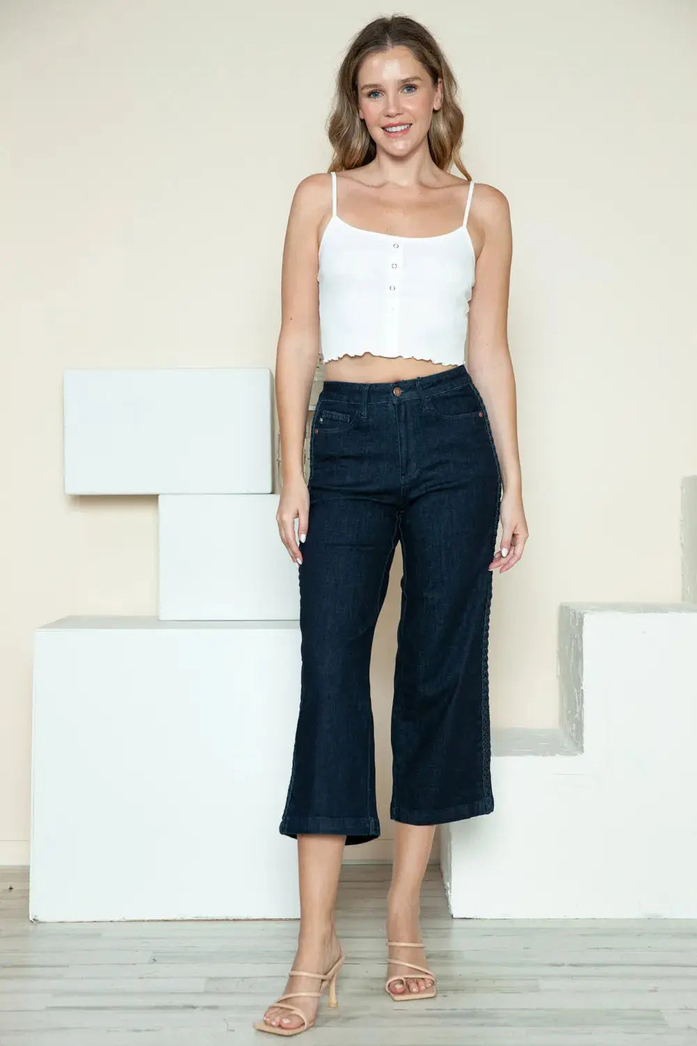 Judy Blue Full Size/Plus Size Side Seam Braid Detail Crop Wide Leg Jeans |  Be Bliss Boutique