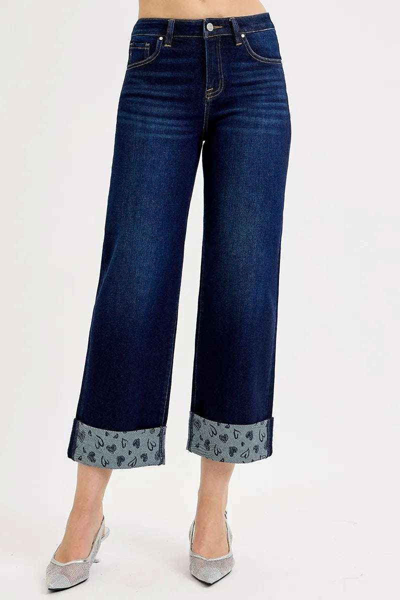 RISEN Full Size Mid Rise Fit Crop Wide With Printed Cuff Jeans Plus Size -  Be Bliss Boutique
