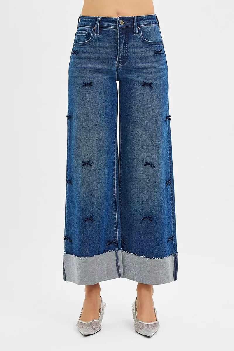 RISEN High Rise Crop Wide Leg Ribbon Detail Jeans - Be Bliss Boutique
