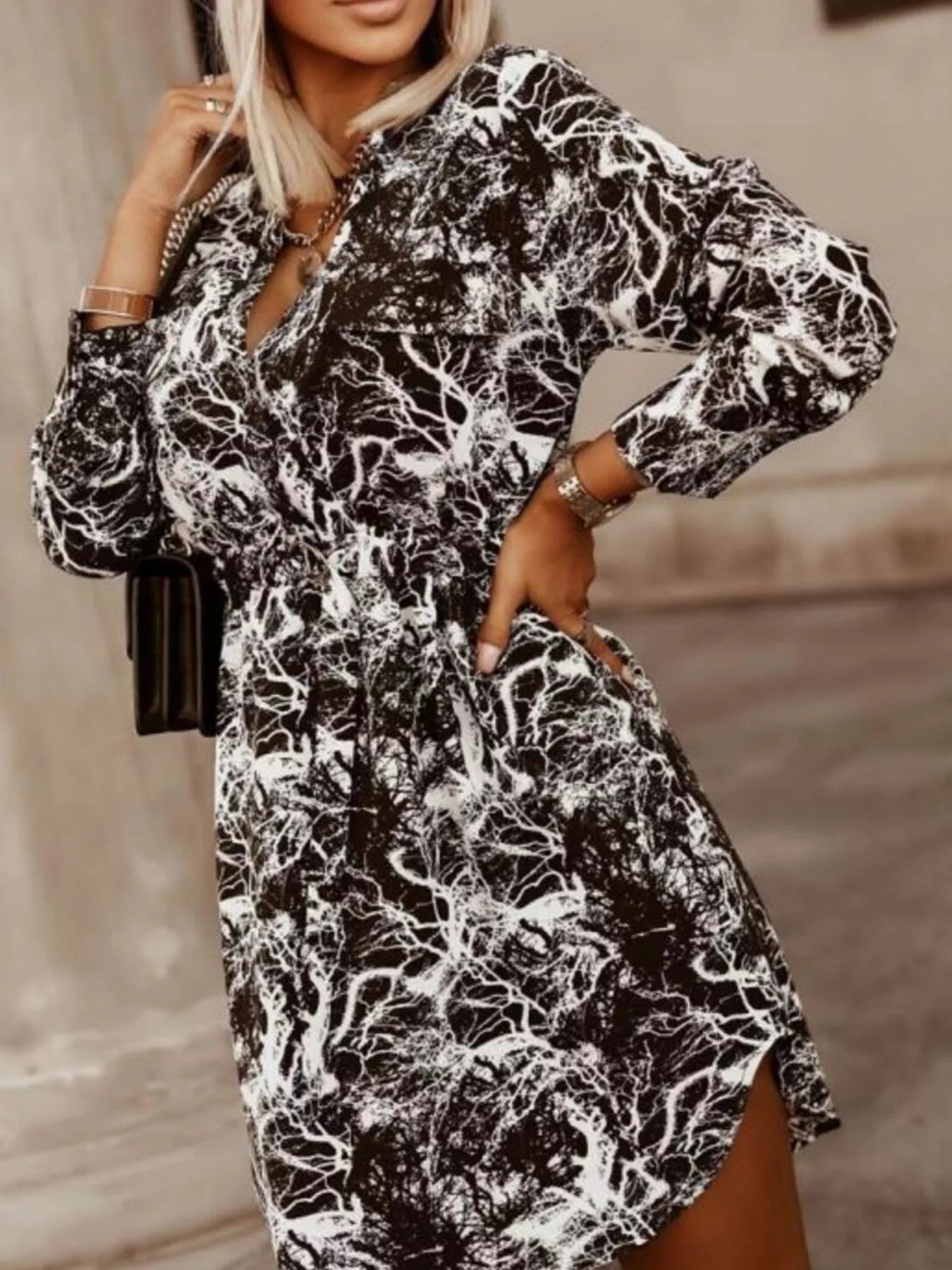 Printed Button Front Long Sleeve Dress -  Be Bliss Boutique