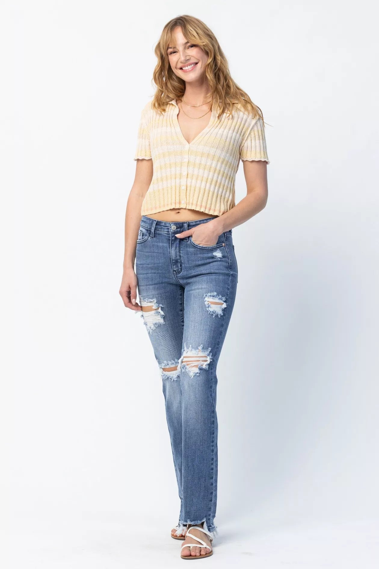 Judy Blue Full Size Mid Rise Destroy Straight Jeans Plus Size - Be Bliss Boutique