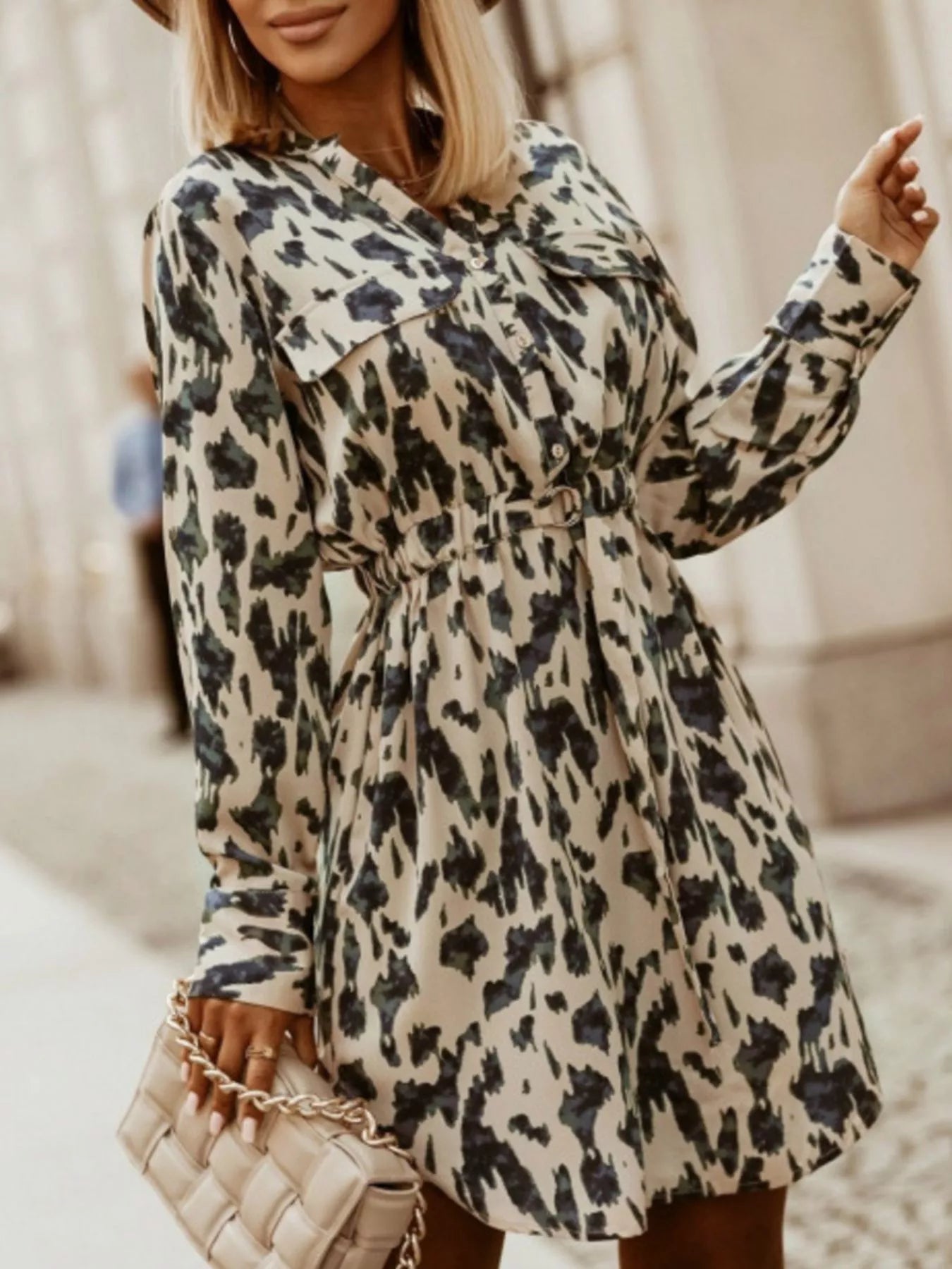 Printed Button Front Long Sleeve Dress -  Be Bliss Boutique