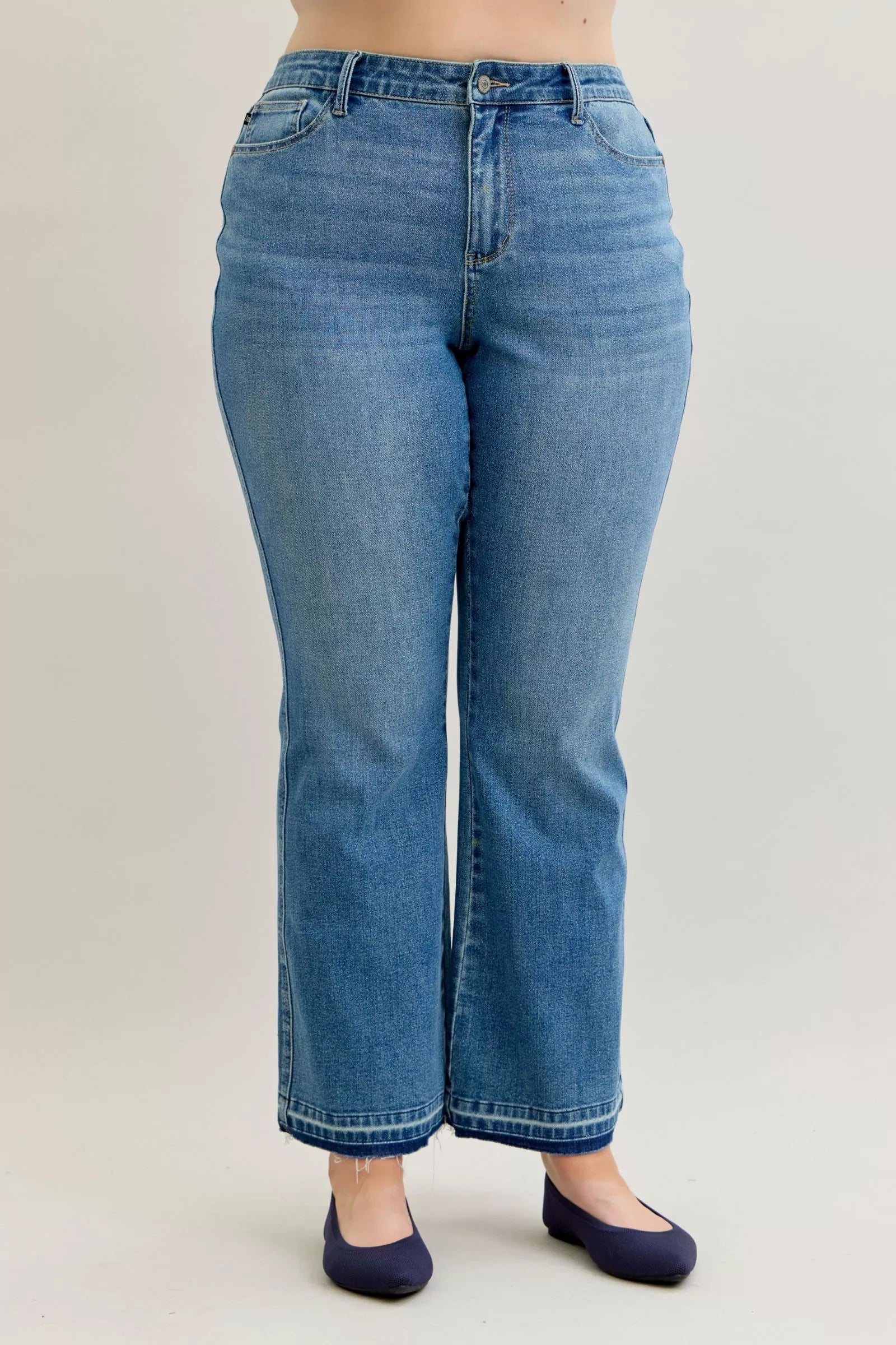 Judy Blue Jeans - Full Size Mid Rise Slim Bootcut Tummy Control Release Hem Jeans - Be Bliss Boutique