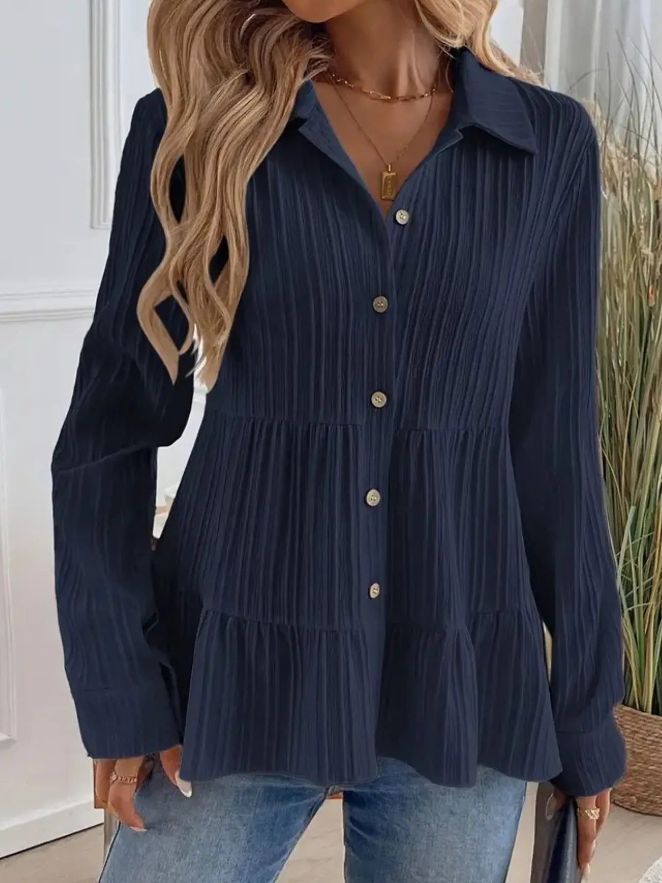 Striped Button-Down Tiered Shirt -  Be Bliss Boutique