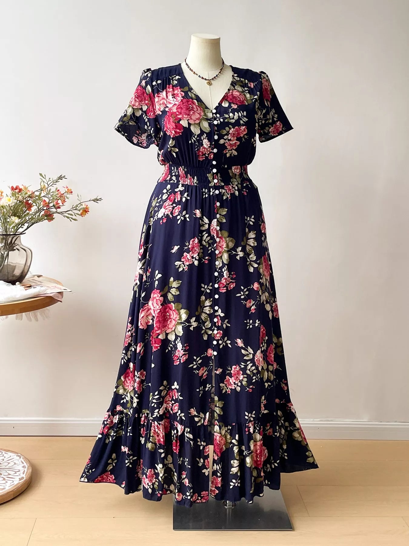 Plus Size Floral Print Short Sleeves V-Neck Dress - Be Bliss Boutique