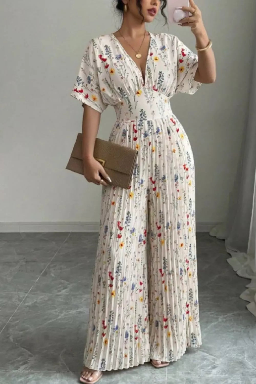 Floral Print Pleated Wide Leg Jumpsuit - Be Bliss Boutique