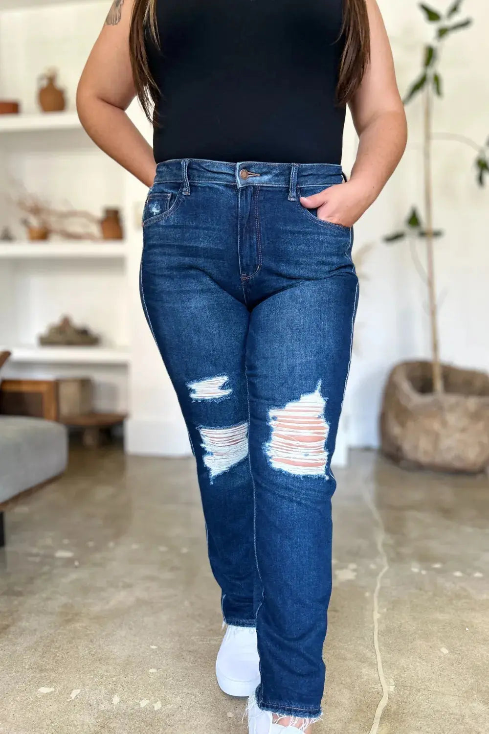 Judy Blue Full/Plus Size High Waist Rigid Magic Heavy Destroy Straight Jeans |  Be Bliss Boutique