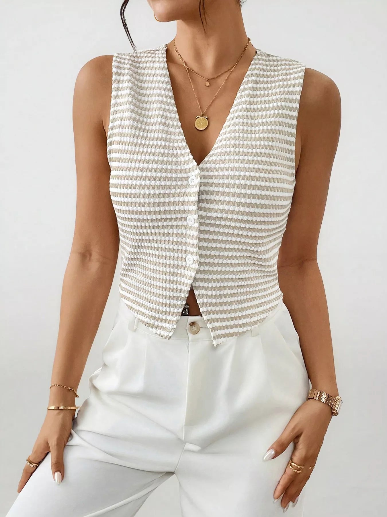 Striped Button-Down Cropped Sweater Vest - Be Bliss Boutique