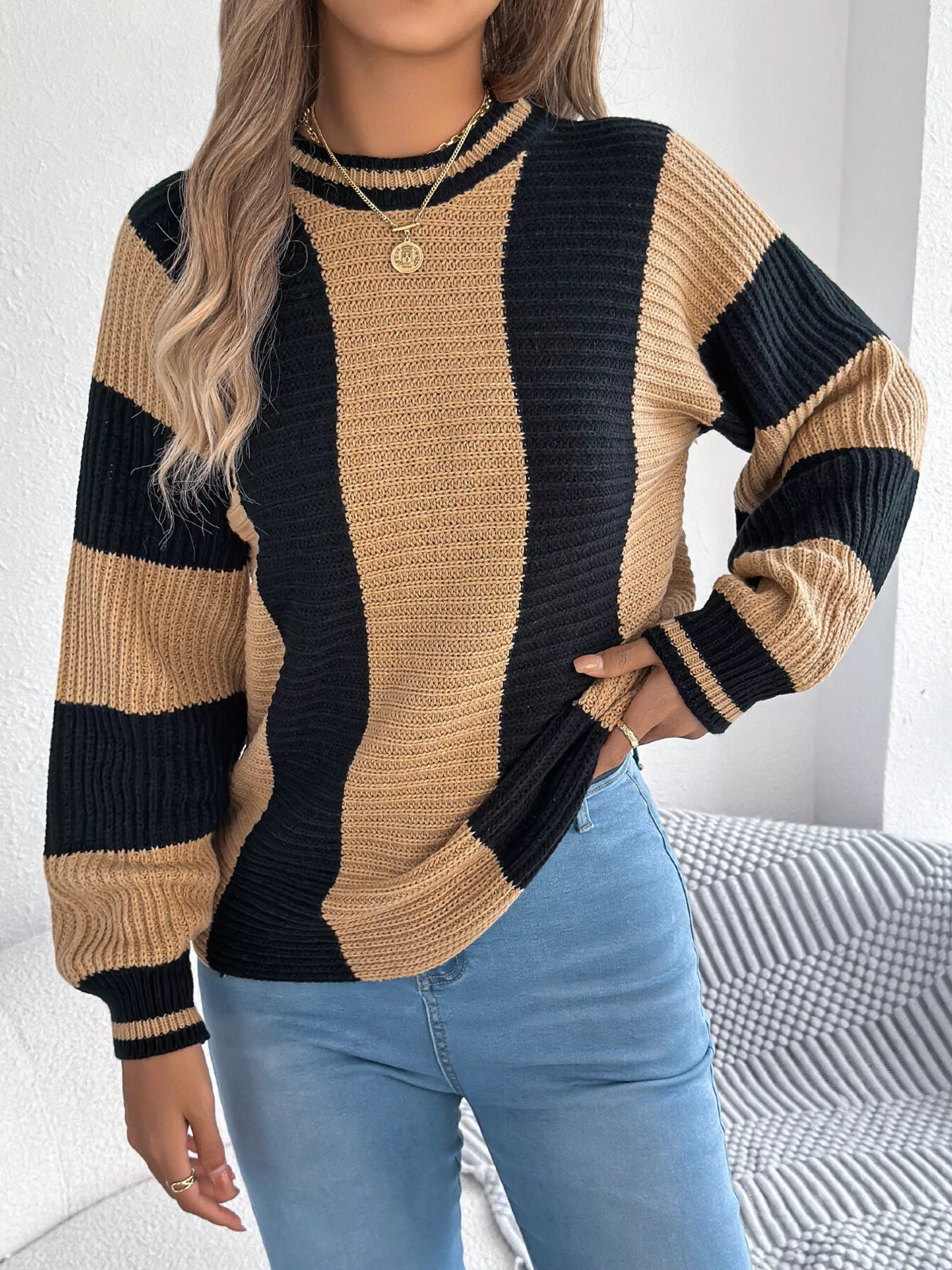 Color Block Round Neck Sweater - Be Bliss Boutique