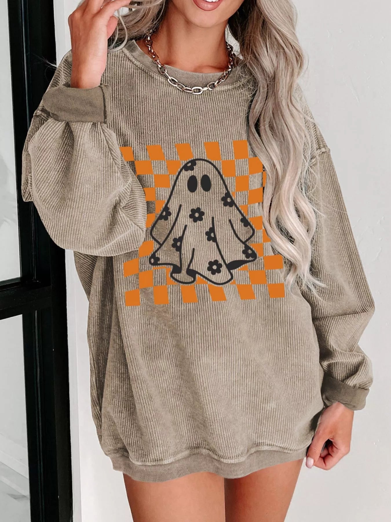 Halloween Checkerboard Floral Ghost Graphic Corded Sweatshirt -  Be Bliss Boutique