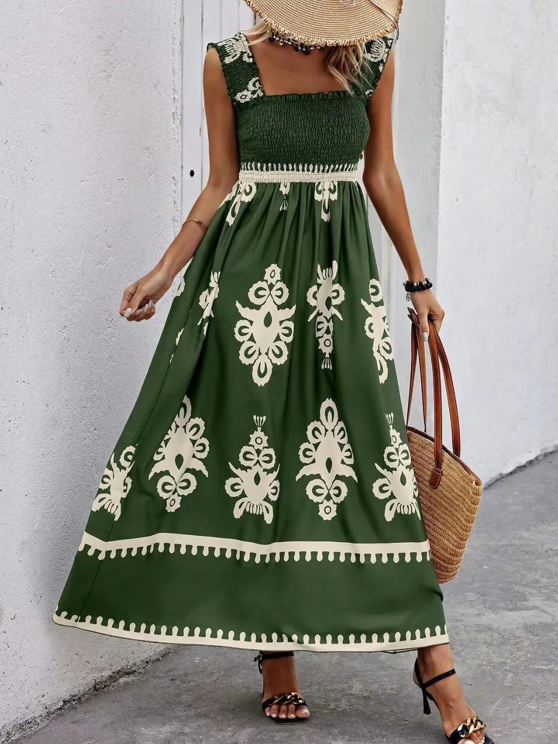 Smocked Printed Wide Strap Maxi Dress - Be Bliss Boutique