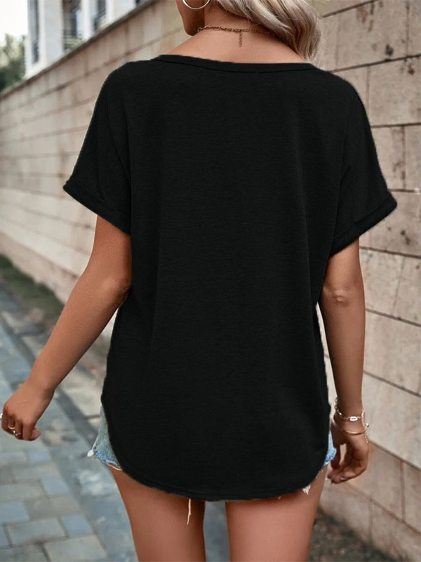 Full Size Decor Button Short Sleeve T Shirt - Be Bliss Boutique