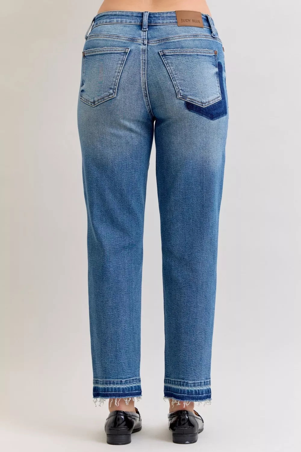 Judy Blue Full Size Mid Rise Bf Patch & Repair Destroy Release Hem Jeans Plus Size - Be Bliss Boutique