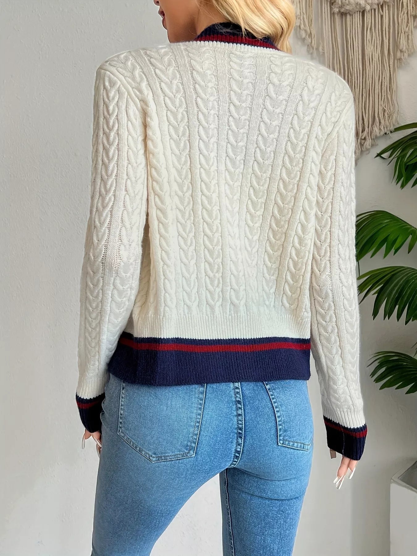 Contrast Trim Cable Knit Cardigan - Be Bliss Boutique