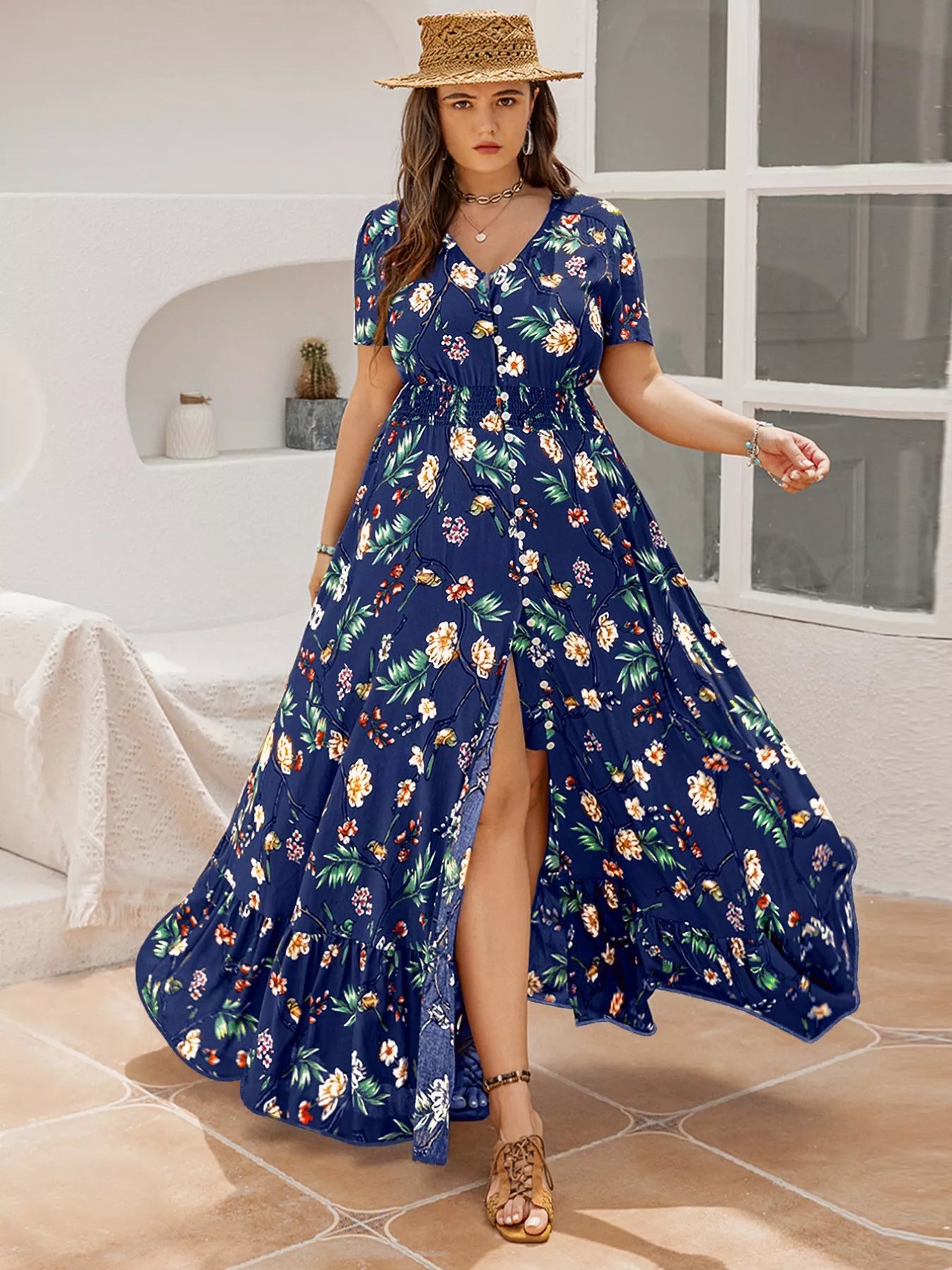 Plus Size Floral V-Neck Short Sleeve Maxi Dress - Be Bliss Boutique