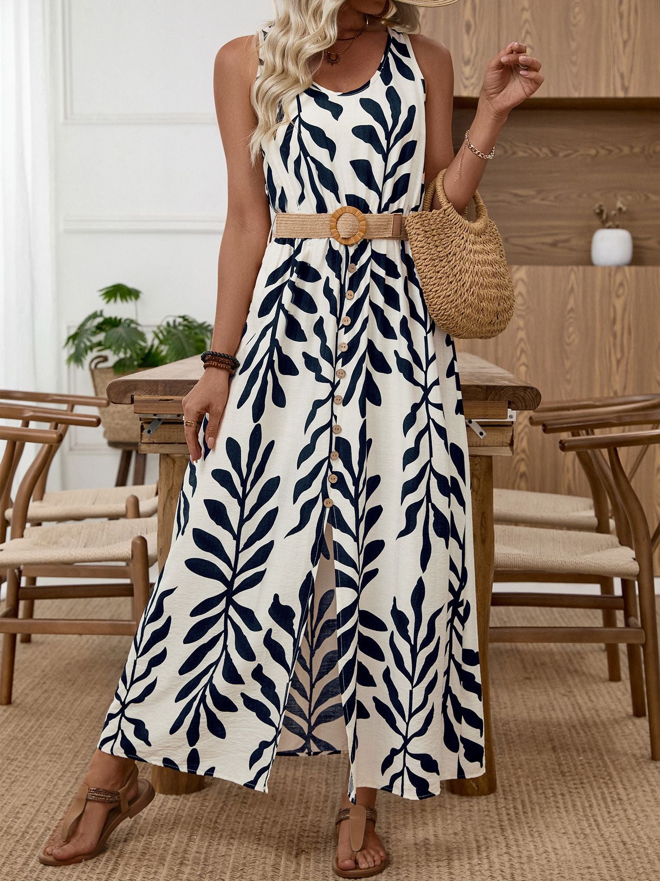 Leaf Print Sleeveless Maxi Dress - Be Bliss Boutique