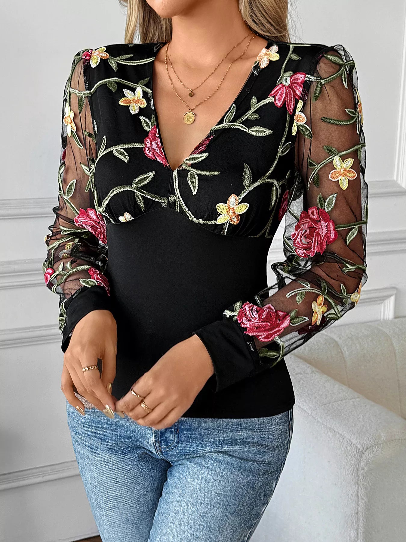 Floral Mesh Sleeve V-Neck Top - Be Bliss Boutique