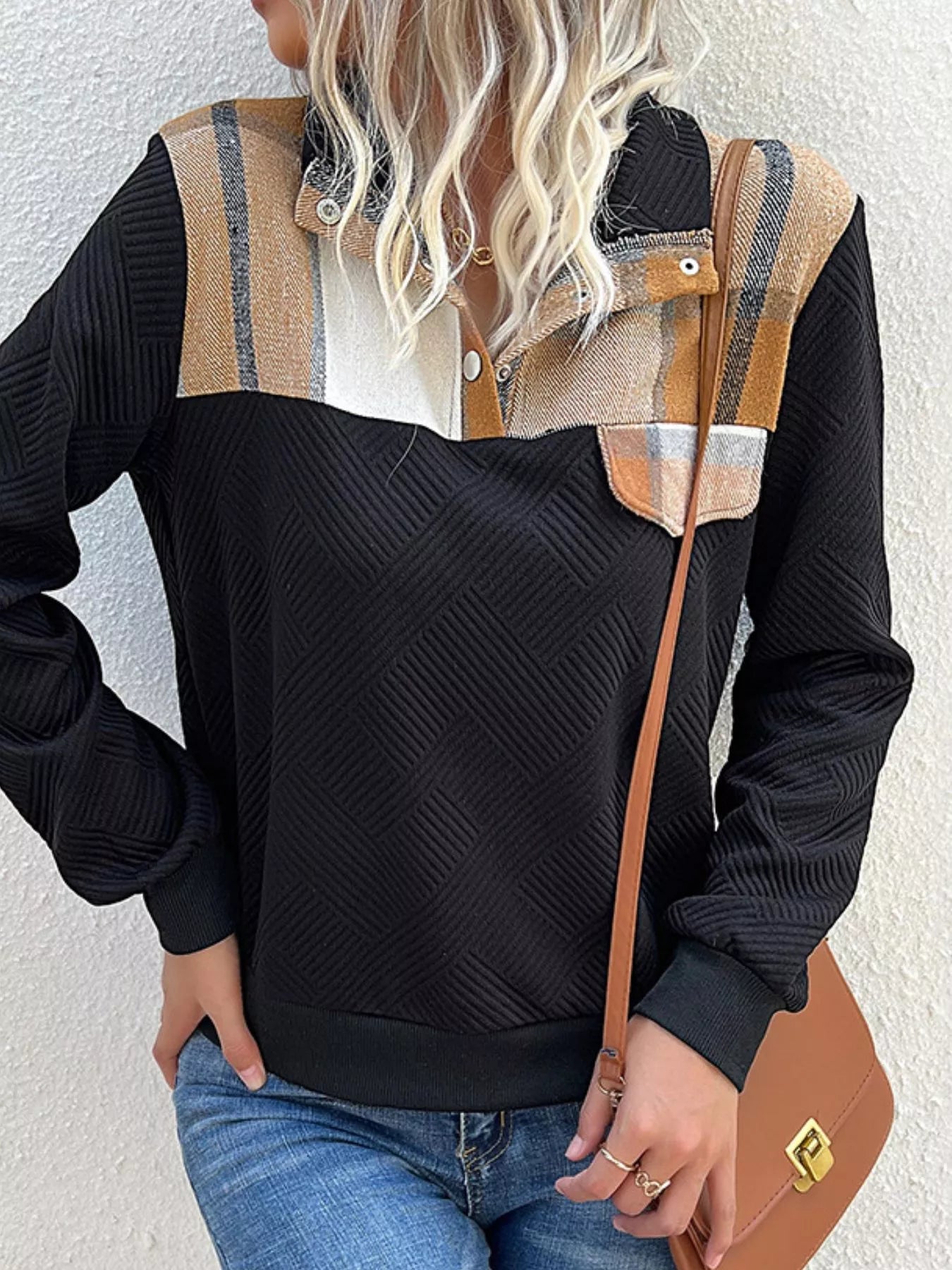 Color Block Texture Long Sleeve Sweatshirt -  Be Bliss Boutique