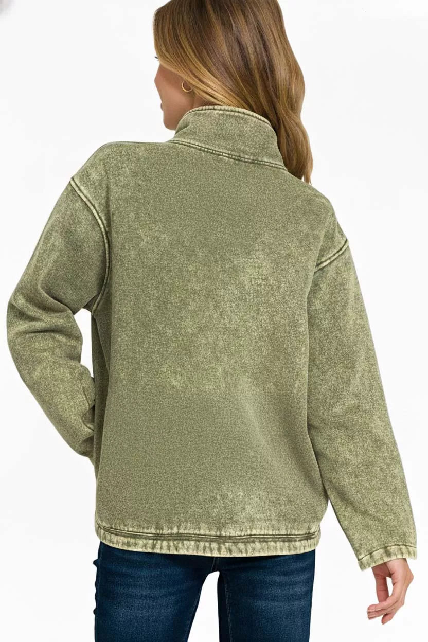 Zenana Fleece Washed High Neck Kangaroo Pocket Sweatshirt - Be Bliss Boutique
