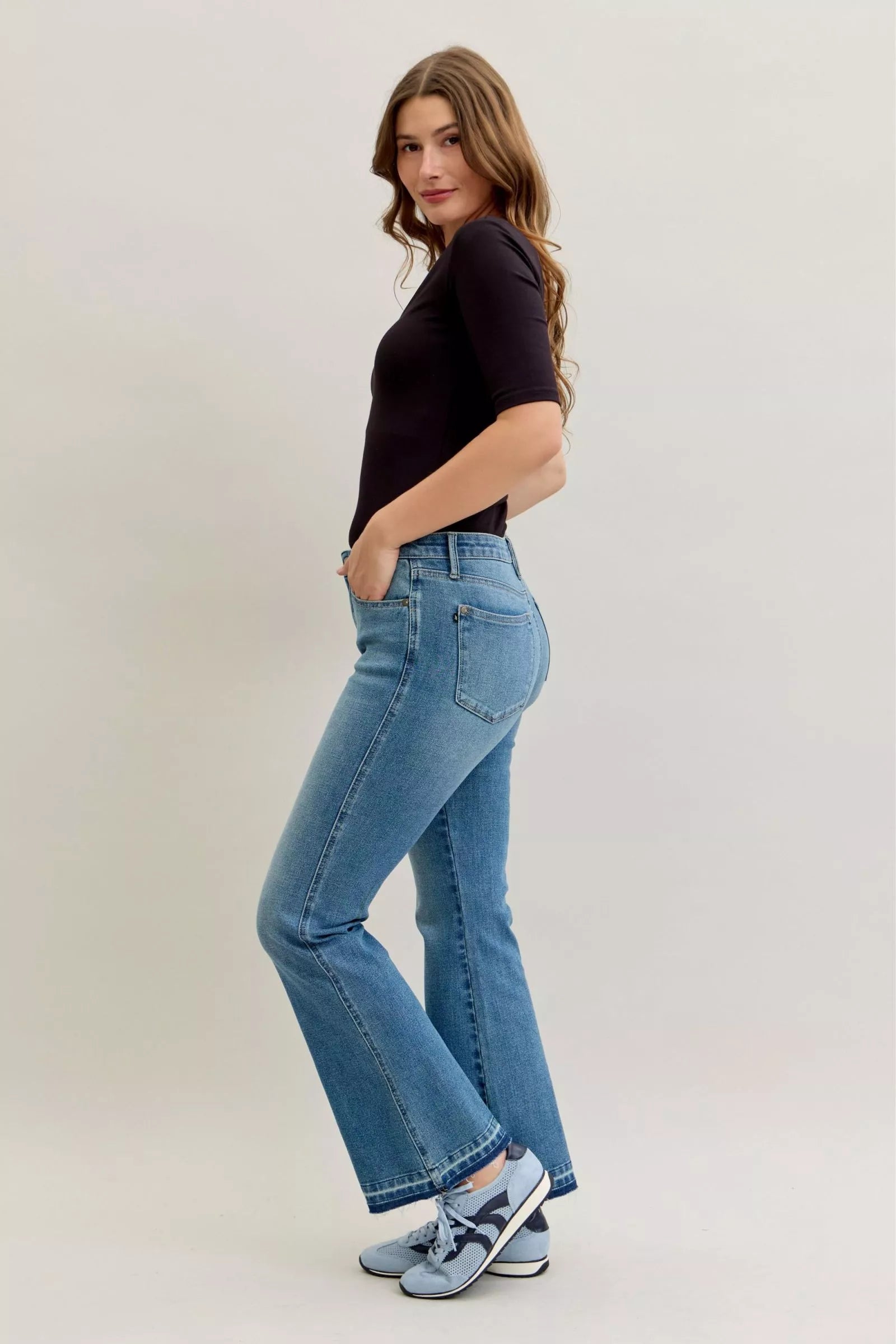Judy Blue Full Size Mid Rise Slim Bootcut Tummy Control Release Hem Jeans Plus Size - Be Bliss Boutique