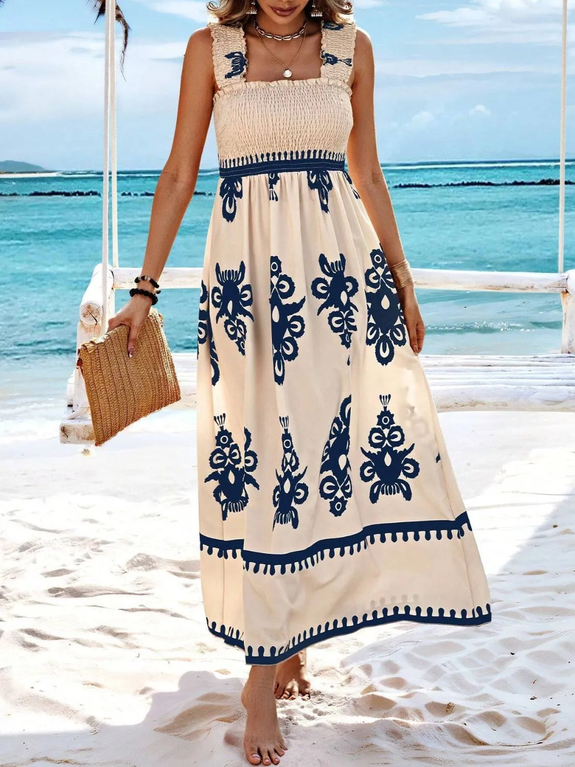 Smocked Printed Wide Strap Maxi Dress - Be Bliss Boutique