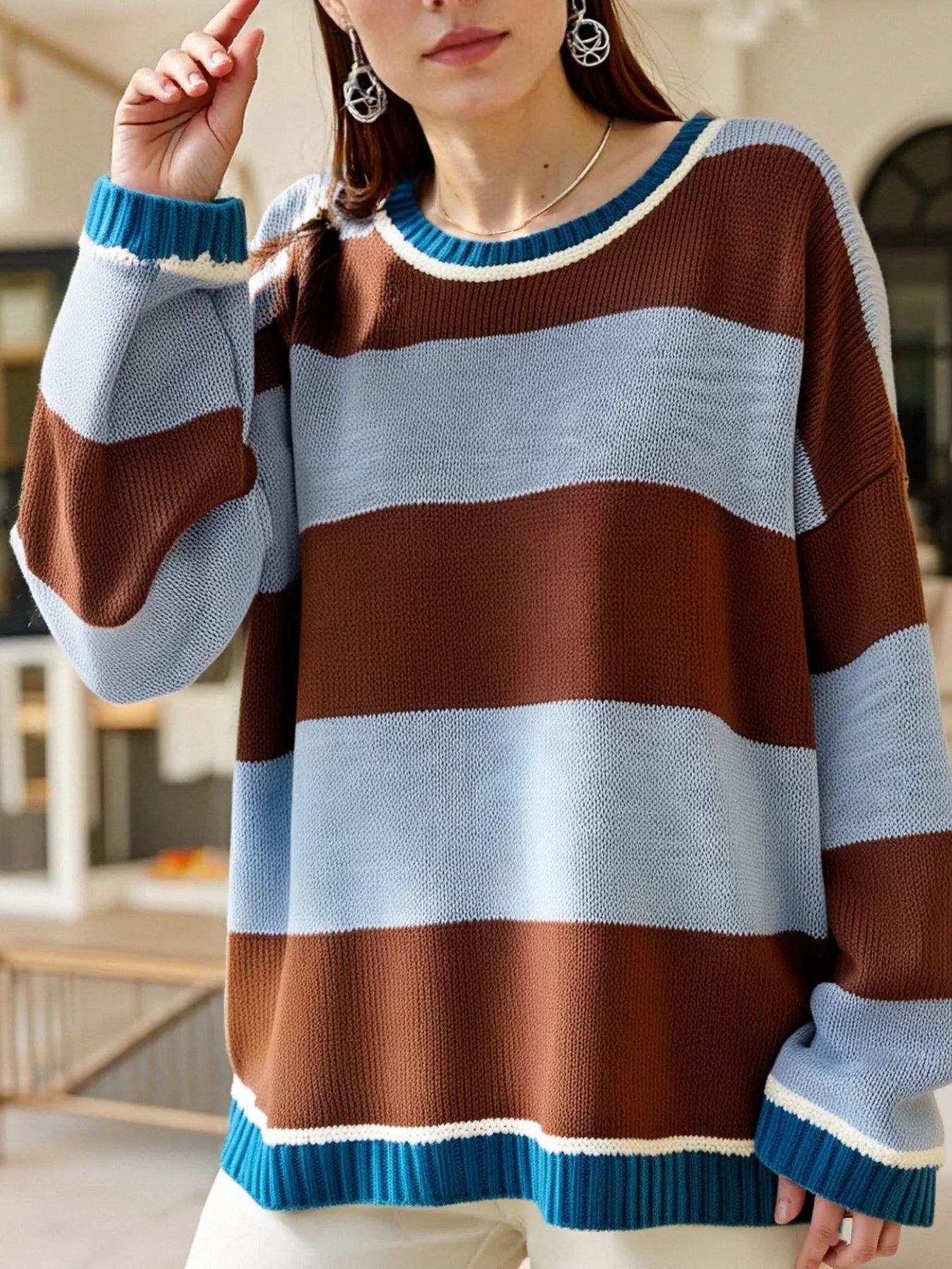 Color Block Round Neck Sweater -  Be Bliss Boutique
