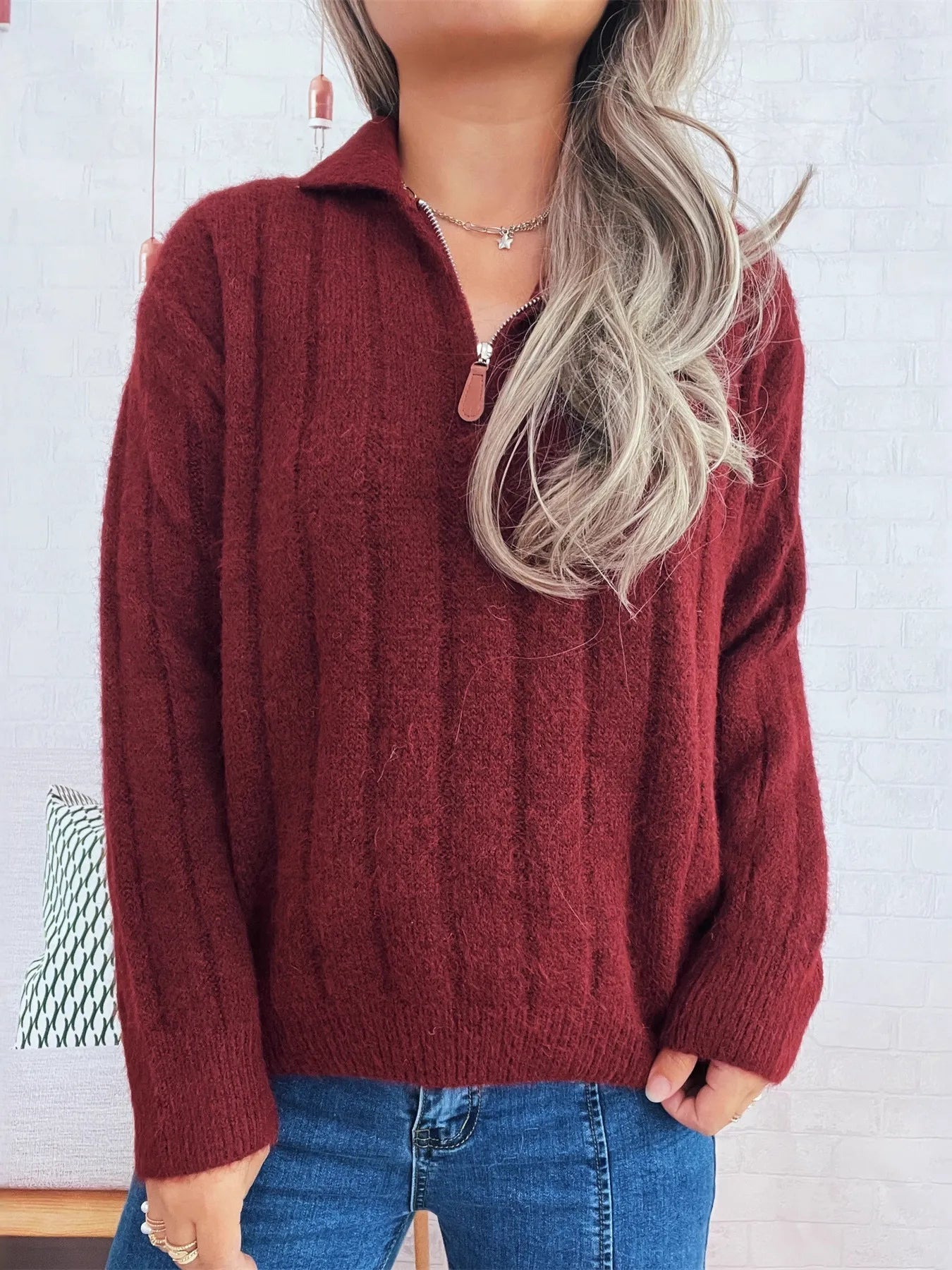 Ribbed Hem Quarter Zip Sweater -  Be Bliss Boutique