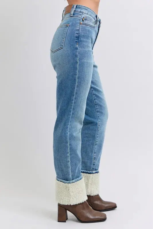 Judy Blue Full Size/Plus Size High Waist Shearling Cuff Straight Leg Jeans |  Be Bliss Boutique