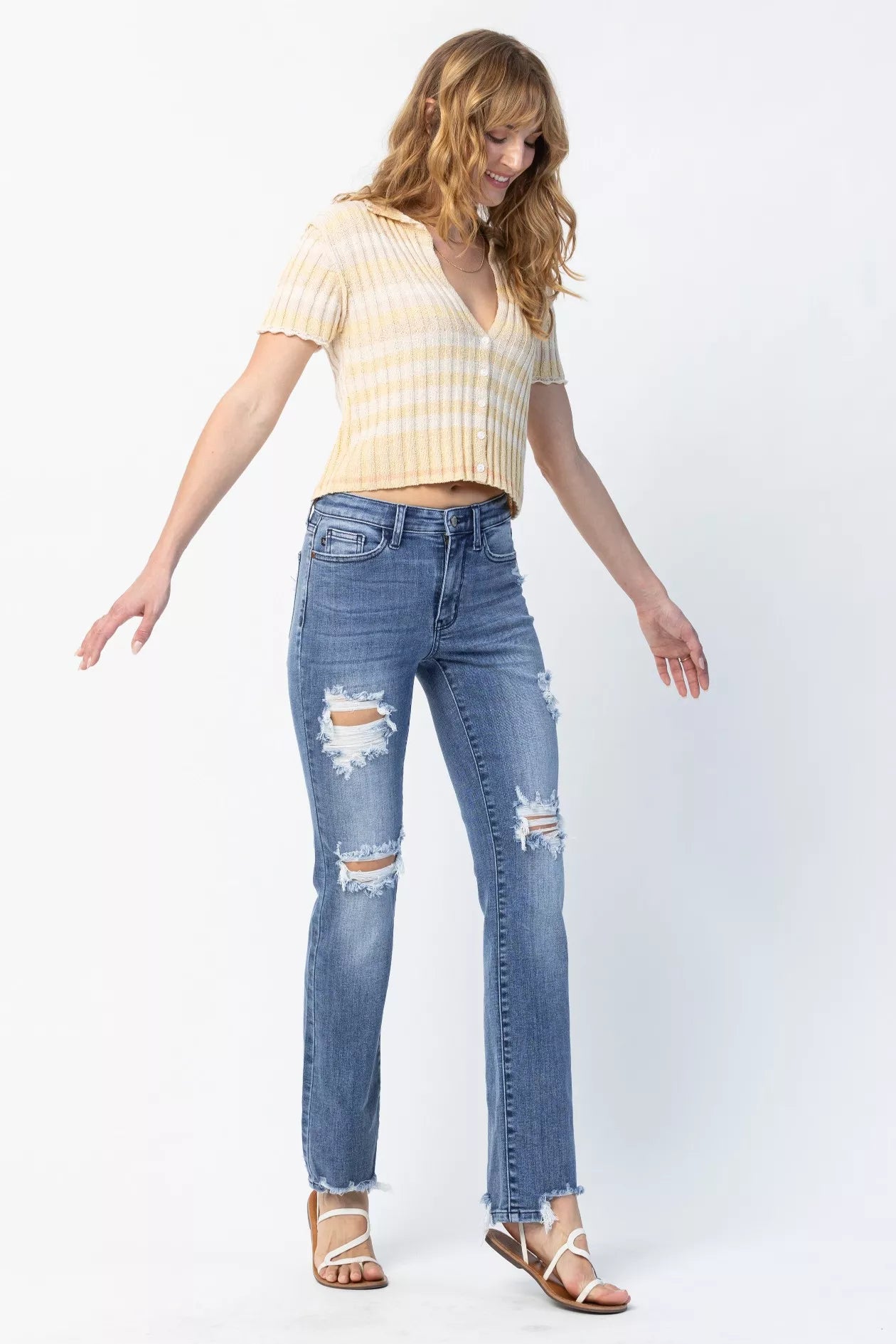 Judy Blue Full Size Mid Rise Destroy Straight Jeans Plus Size - Be Bliss Boutique