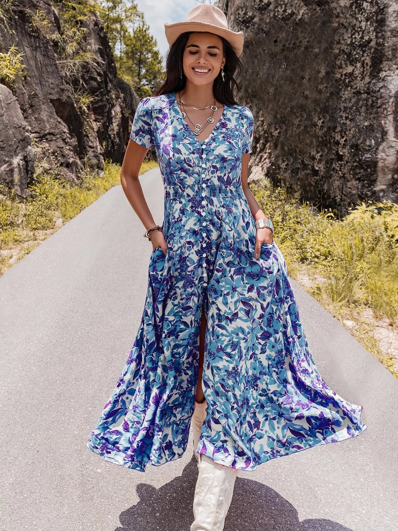 Floral Print Slit Front V Neck Midi Dress - Be Bliss Boutique