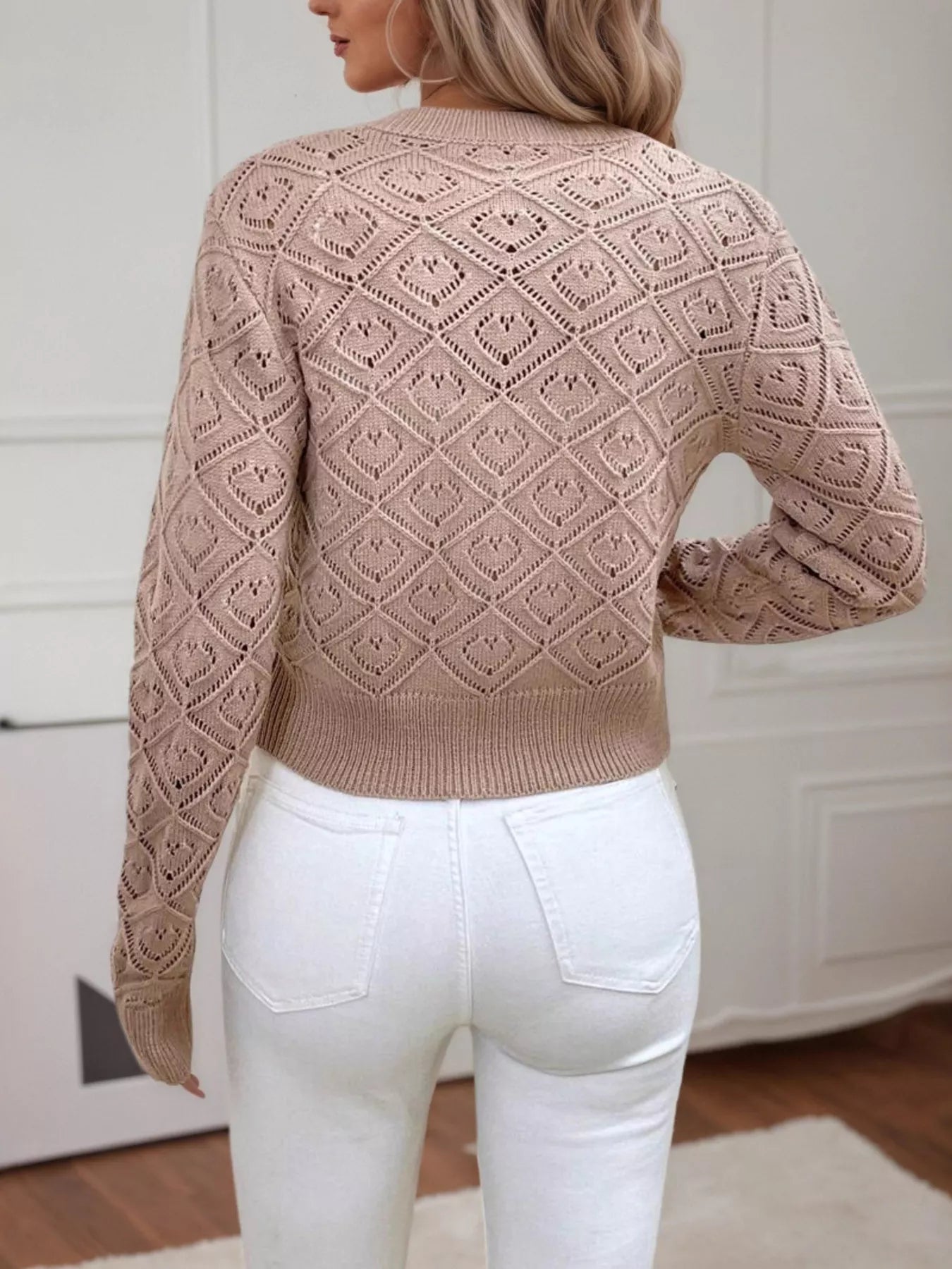 Openwork Button Up Long Sleeve Cardigan -  Be Bliss Boutique