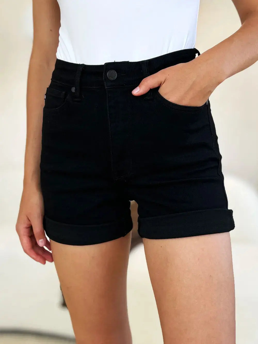 Judy Blue Full Size/Plus Size High Waist Tummy Control Cuffed Denim Shorts | Be Bliss Boutique