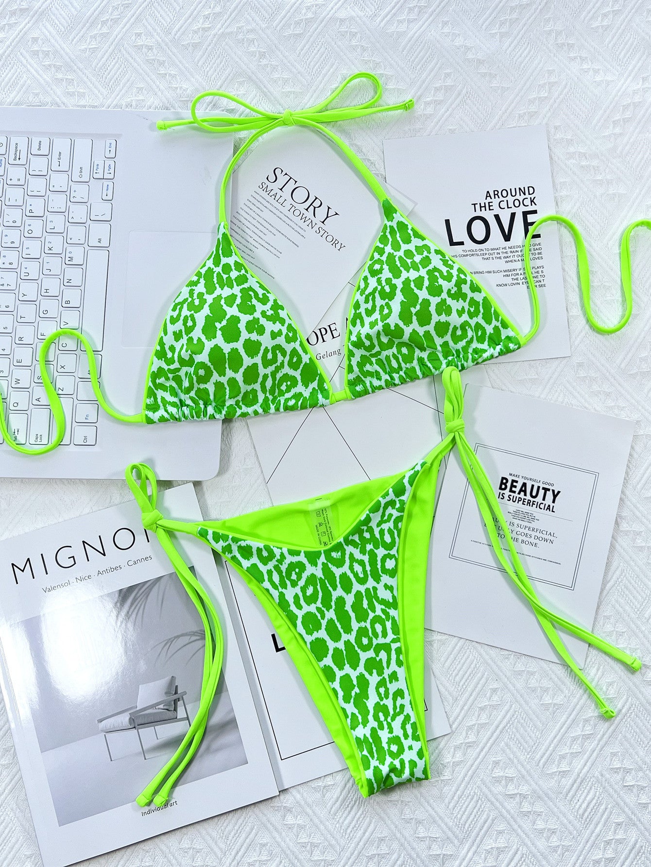 Leopard Print Halter Neck Tie Side Bikini Set - Be Bliss Boutique
