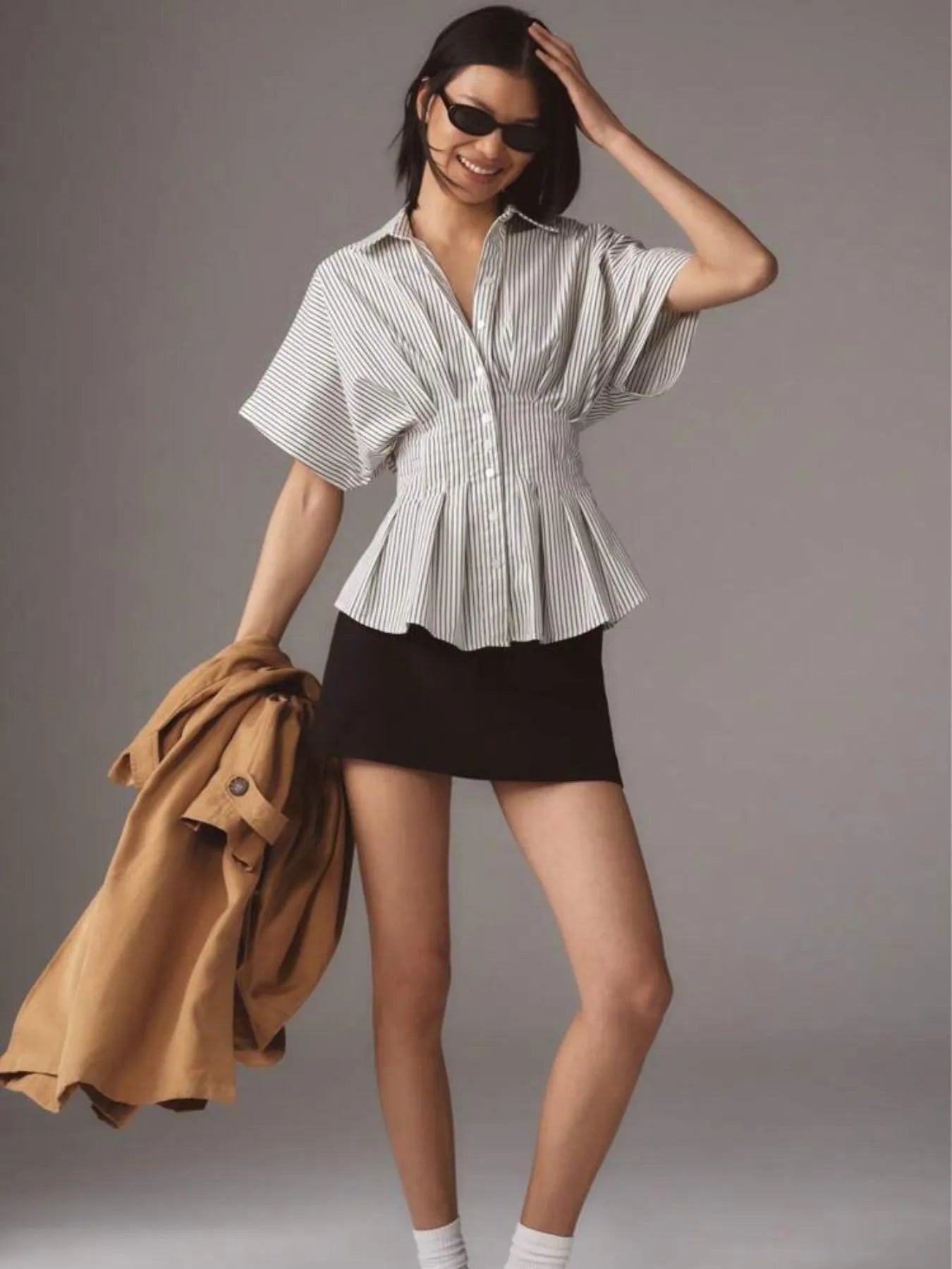 Pinstripe Puff Sleeve Cinched Waist Button Up Shirt -  Be Bliss Boutique