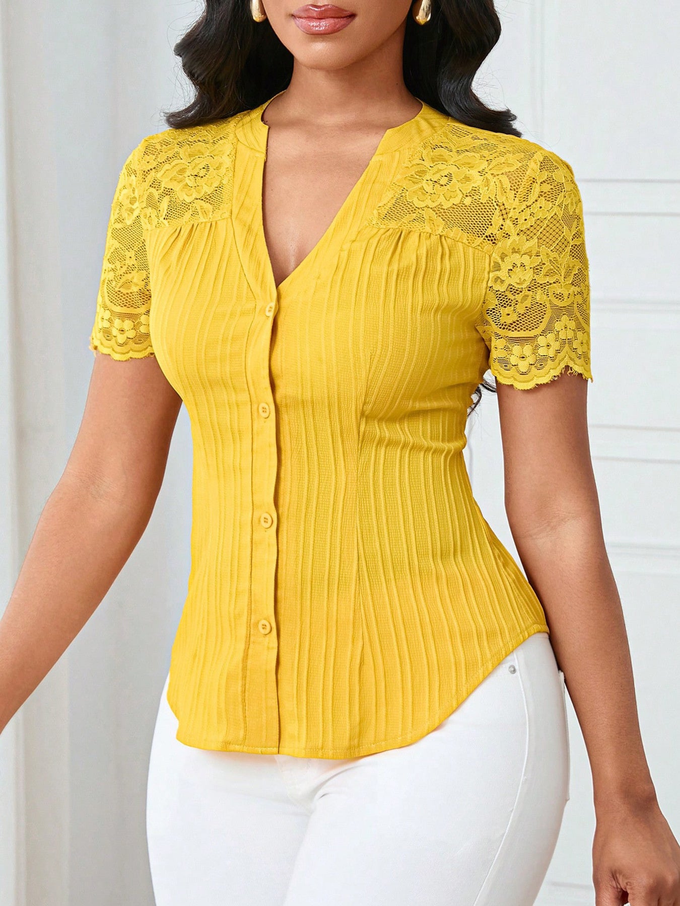 Button Up Lace Sleeve Blouse - Be Bliss Boutique