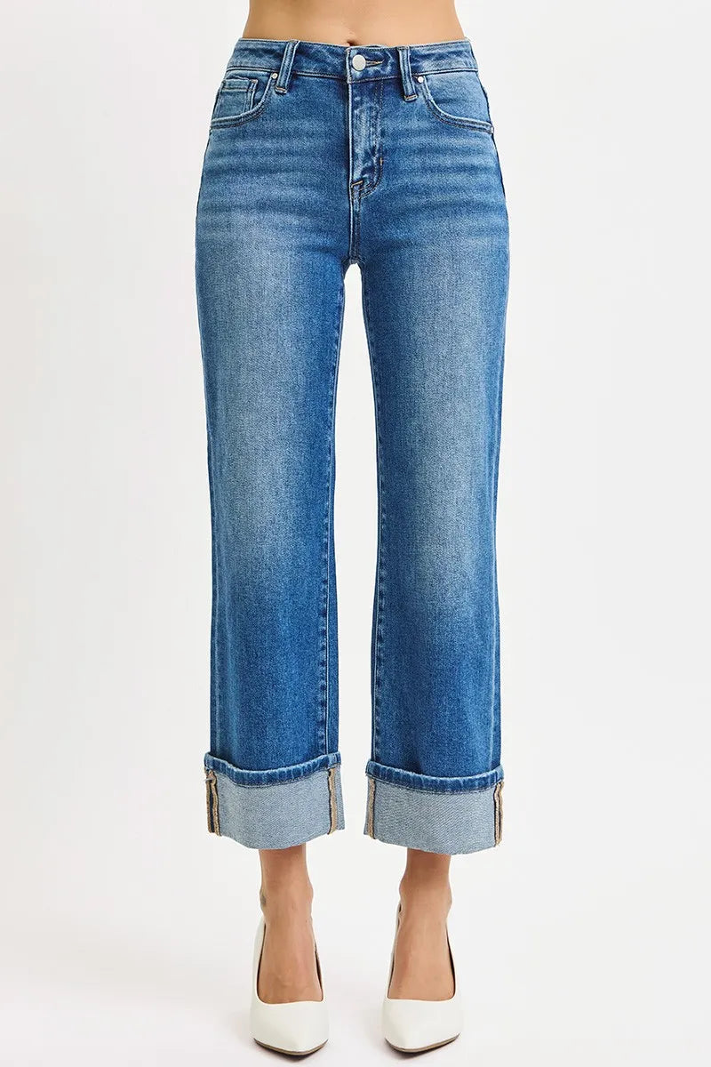 RISEN Full Size Mid Rise Crop Straight Cuffed Jeans Plus Size -  Be Bliss Boutique