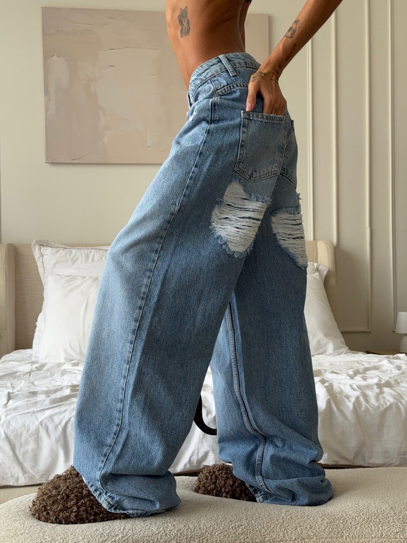 Distressed Washed Wide Leg Denim Jeans - Be Bliss Boutique