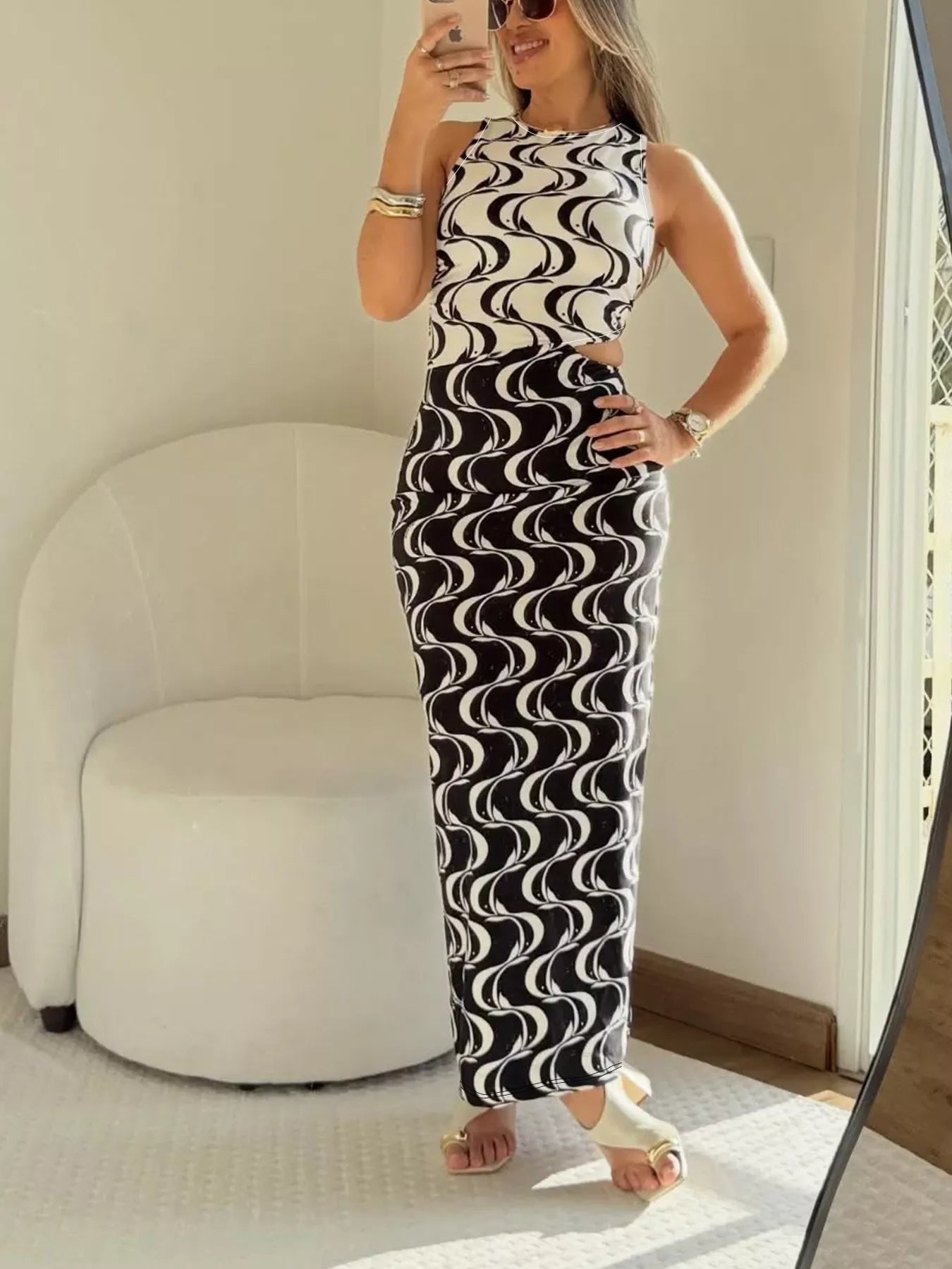 Sleeveless Wave Print Cutout Maxi Dress - Be Bliss Boutique