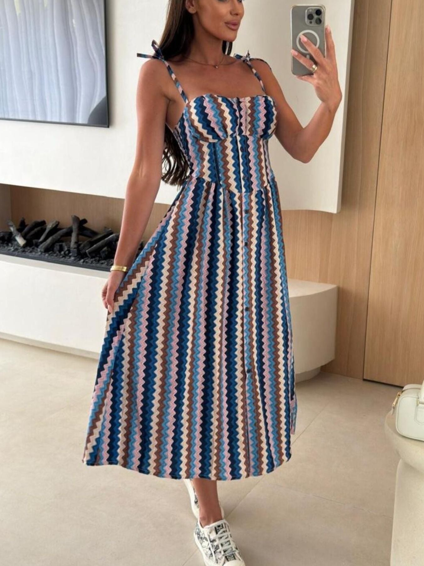 Striped Tie Shoulder Midi Dress - Be Bliss Boutique