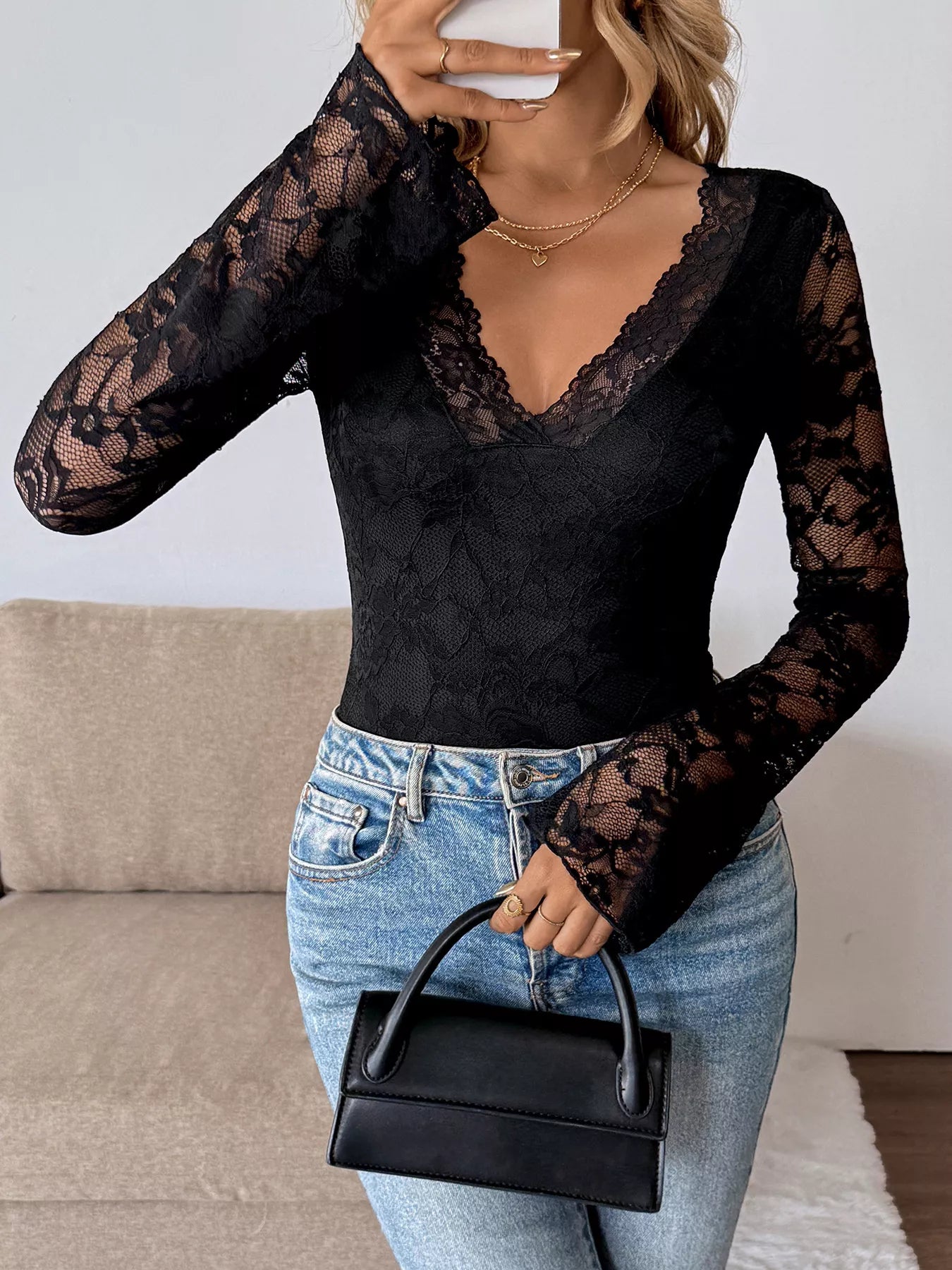 Lace V-Neck Long Sleeve T-Shirt - Be Bliss Boutique