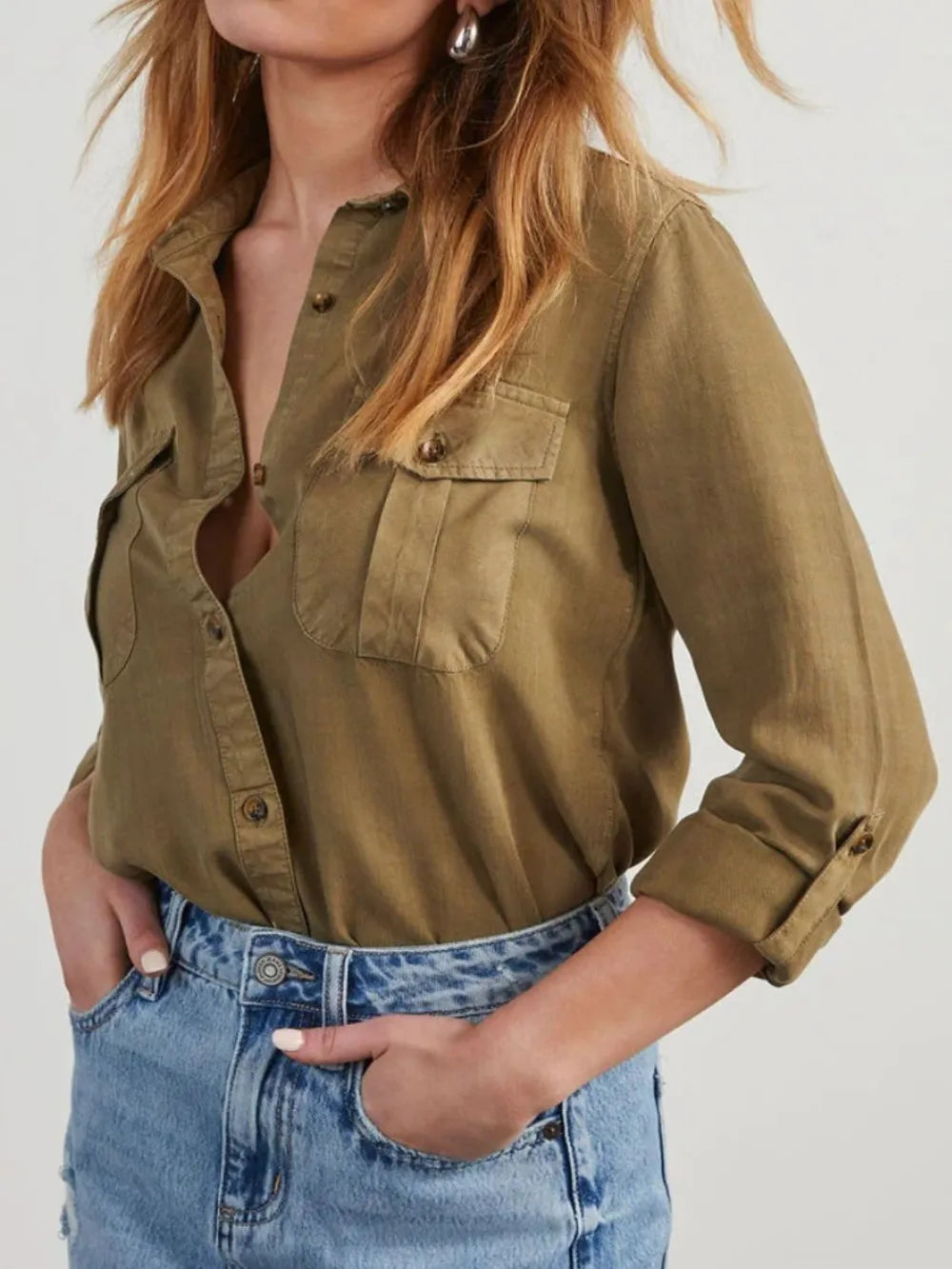 Collared Neck Roll-Tab Sleeve Womens Denim Shirt - Be Bliss Boutique