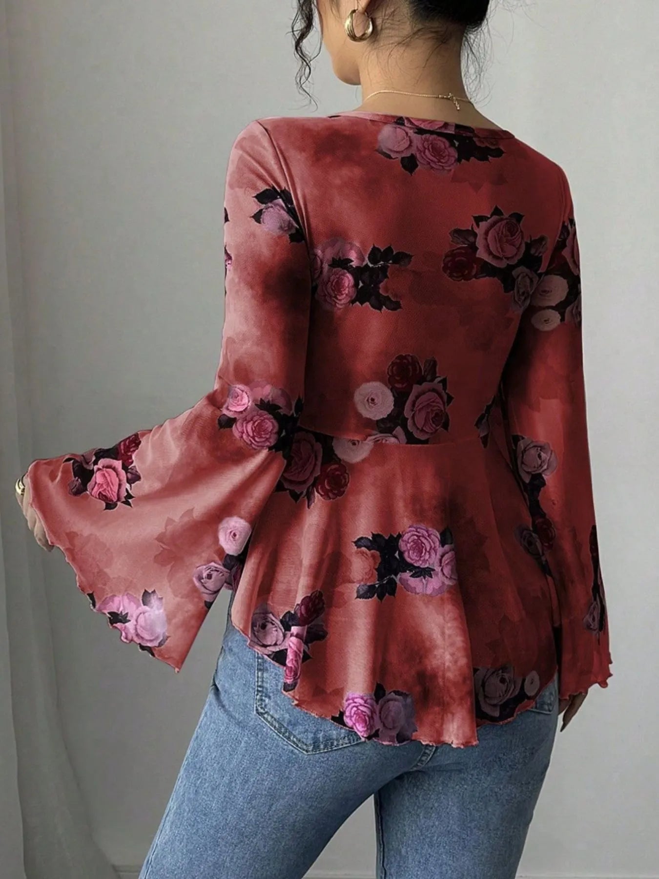 Floral Tie Front Flare Sleeve Blouse -  Be Bliss Boutique