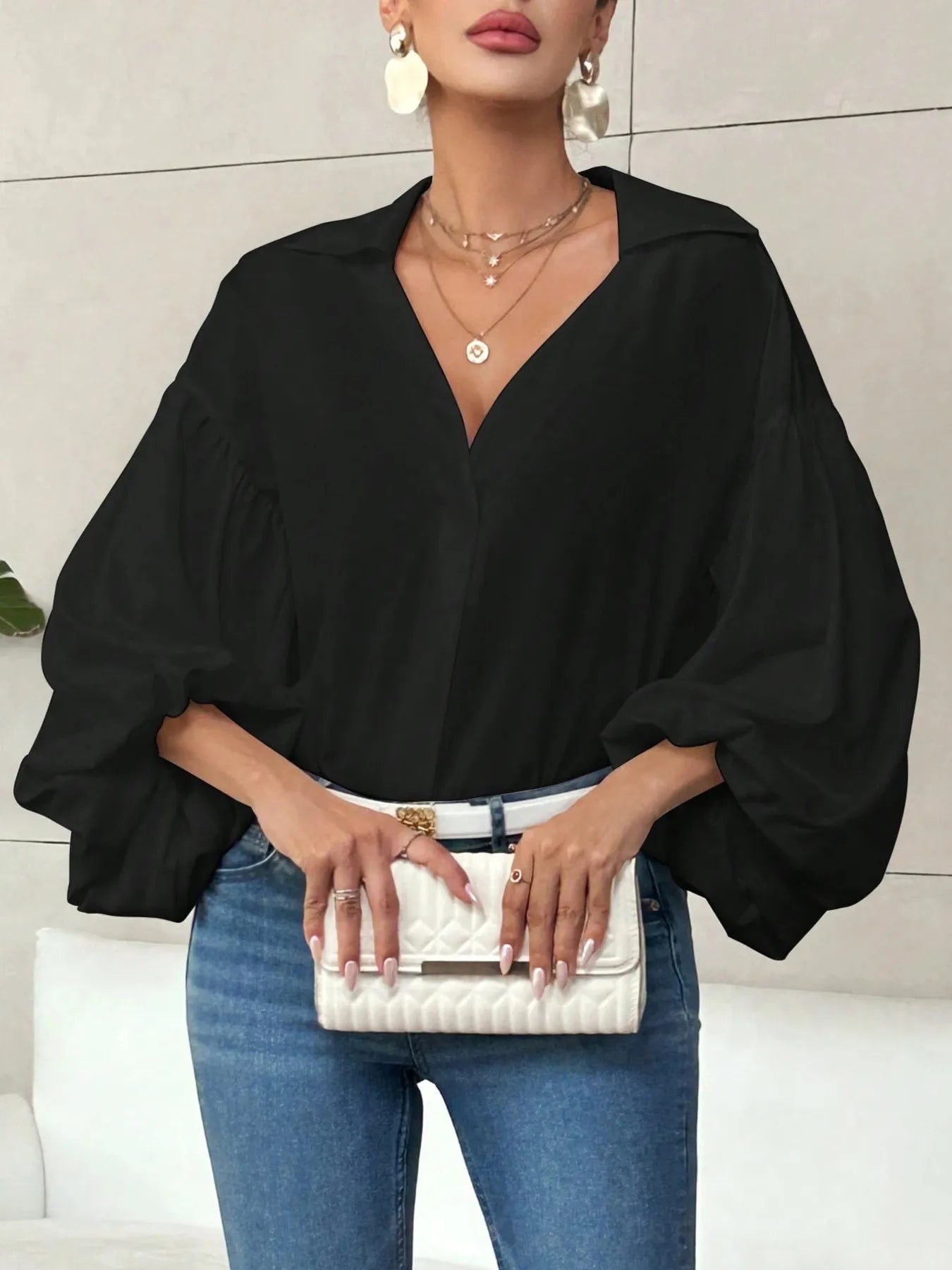 Polka Dot Balloon Sleeve Blouse -  Be Bliss Boutique