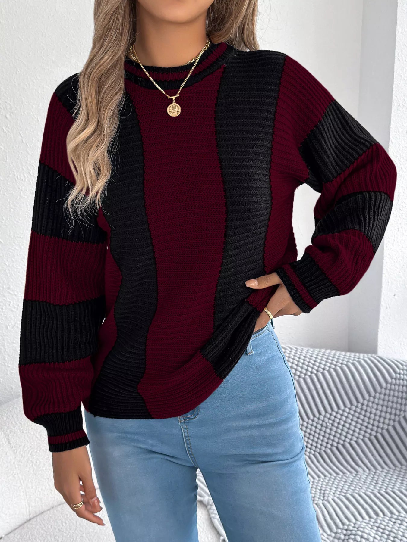 Color Block Round Neck Sweater - Be Bliss Boutique