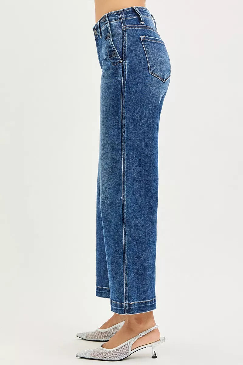 RISEN Jeans - High Rise Wide Leg Jeans With Pocket Button Detail - Be Bliss Boutique