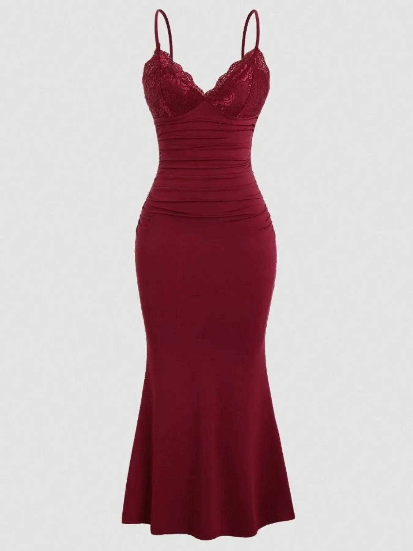 Lace Trim Ruched Mermaid Dress - Be Bliss Boutique