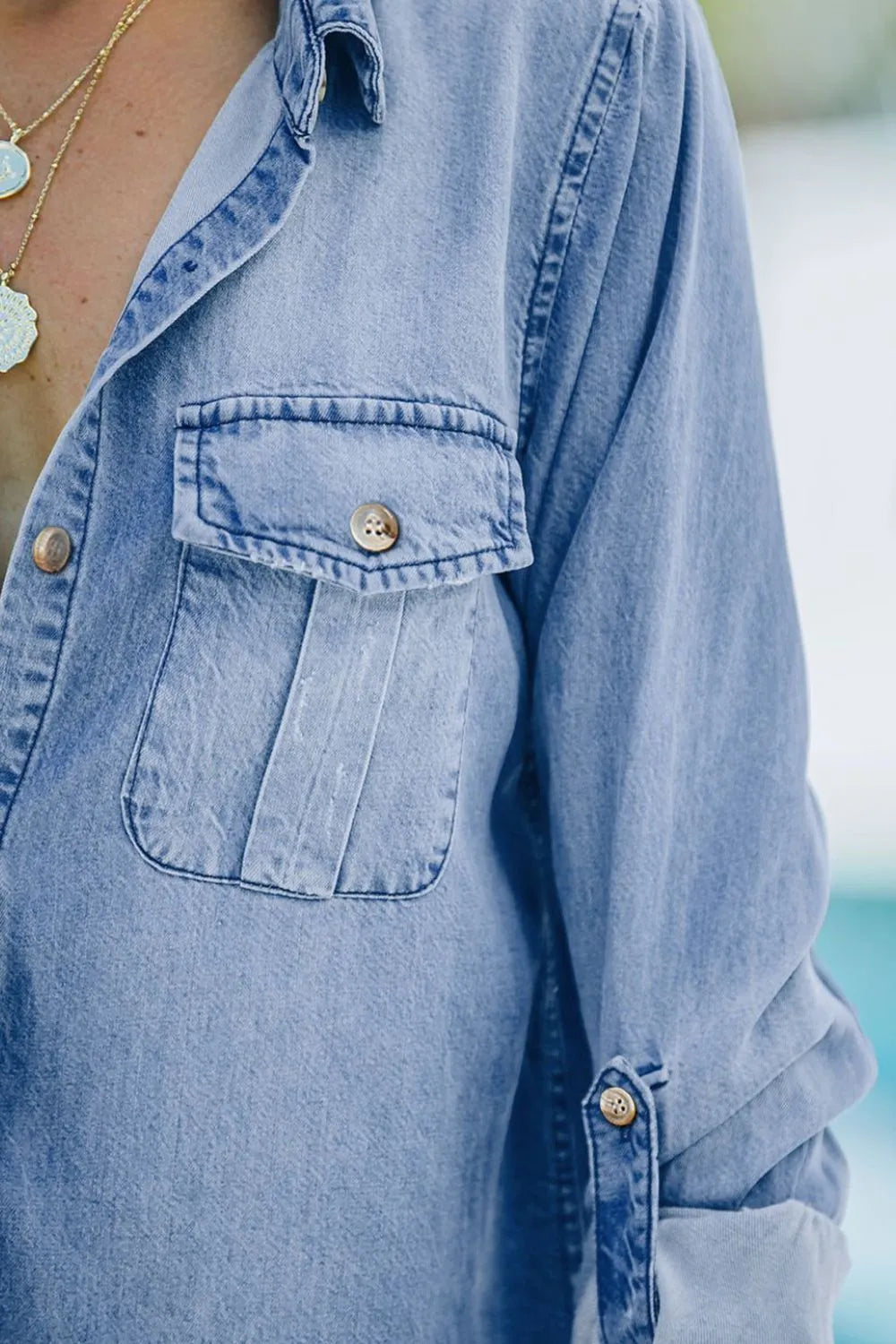 Pocketed Collared Neck Long Sleeve Denim Top - Be Bliss Boutique