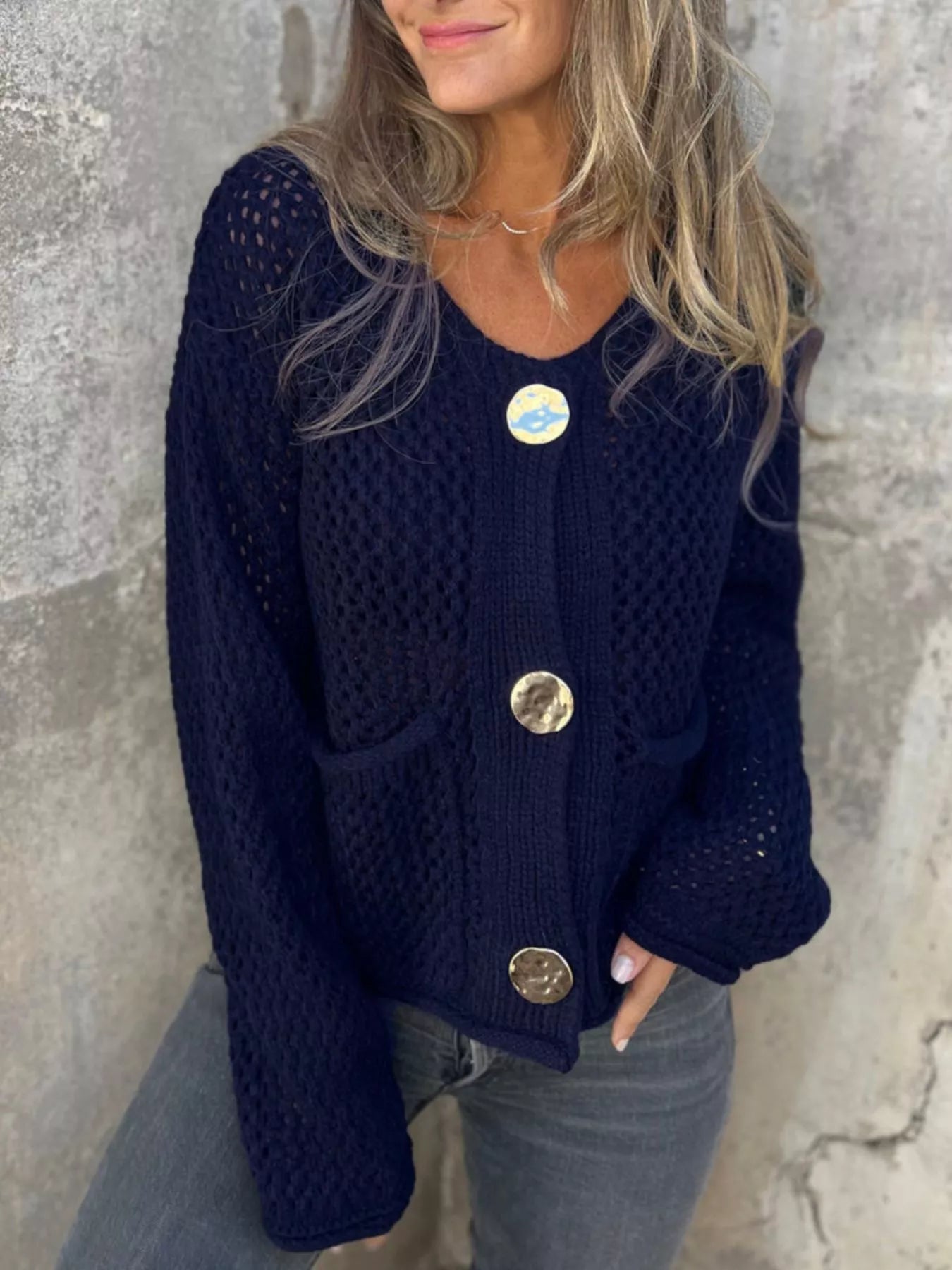 Crochet Button Up Long Sleeve Cardigan -  Be Bliss Boutique