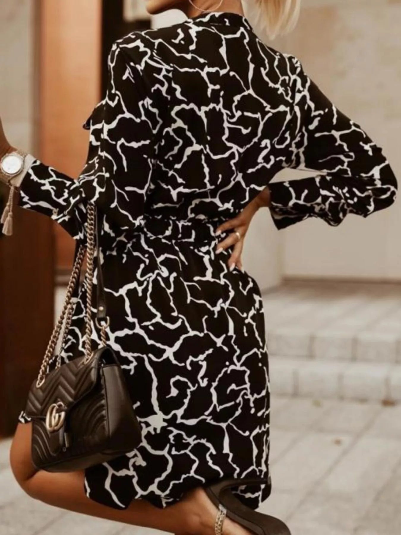 Printed Button Front Long Sleeve Dress -  Be Bliss Boutique